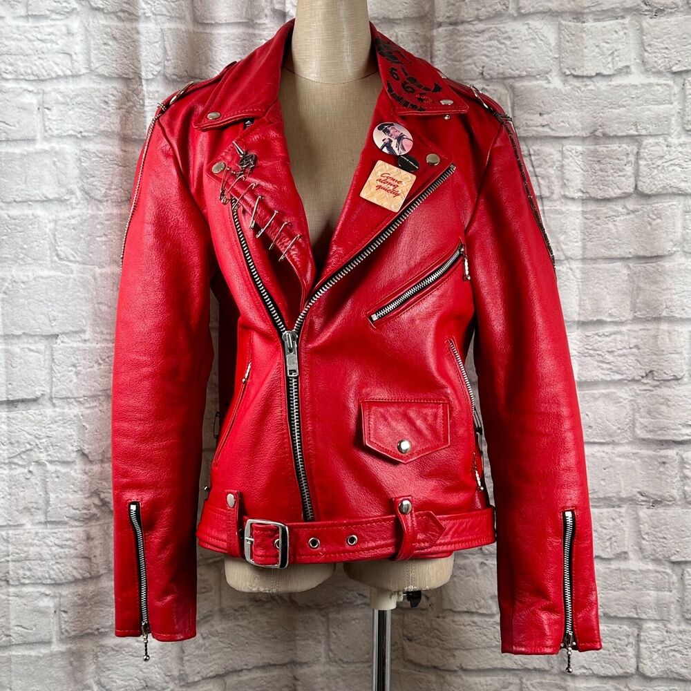 Straight To Hell Custom Women's 38 Small Red Cropped Leather Jacket Anarchy 666